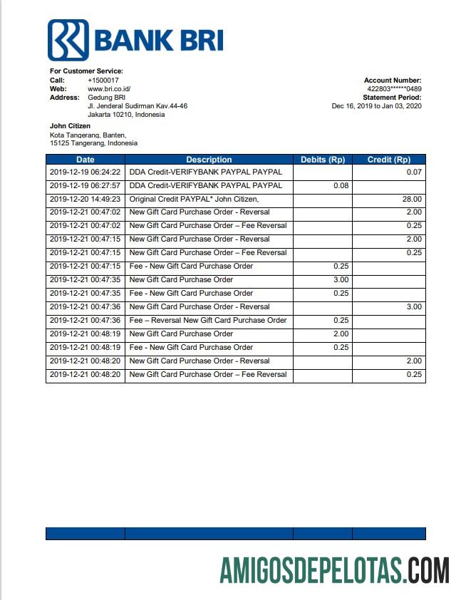 Banco da Indonésia Rakyat Indonesia (BRI) amostra